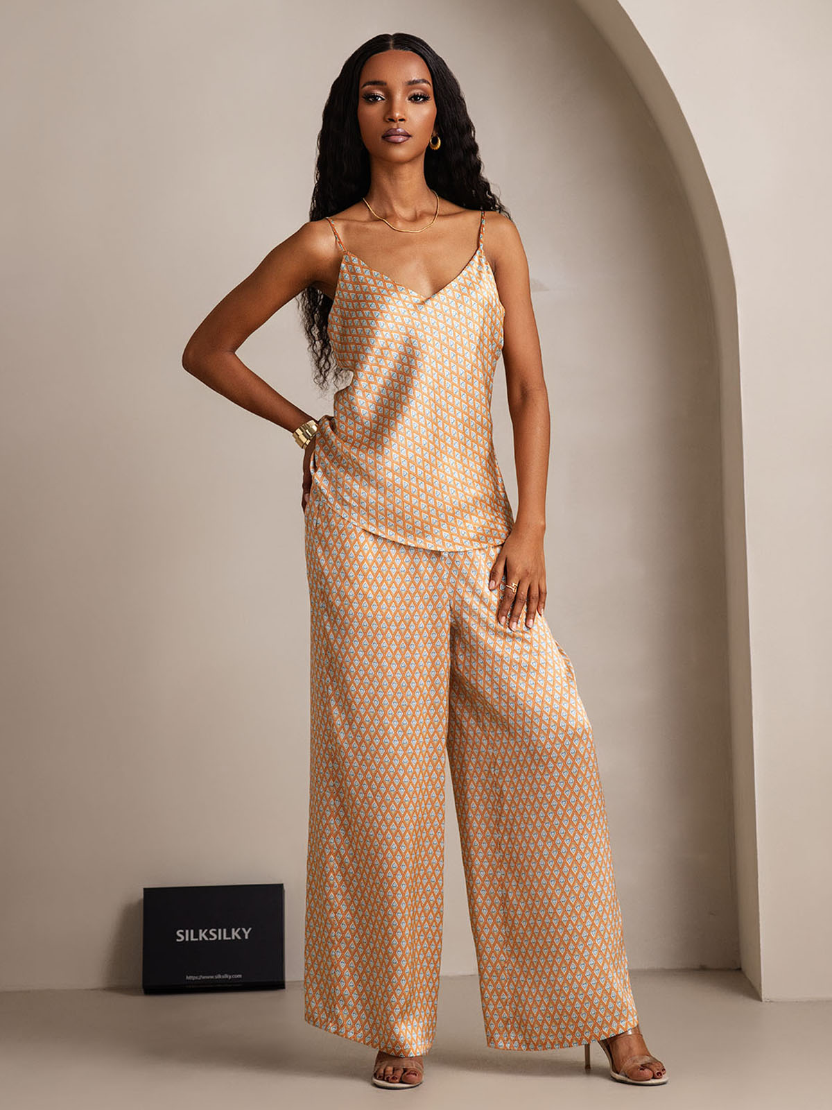 [Floral] SilkSilky-UK Pure Silk V Neck Camisole Set 005