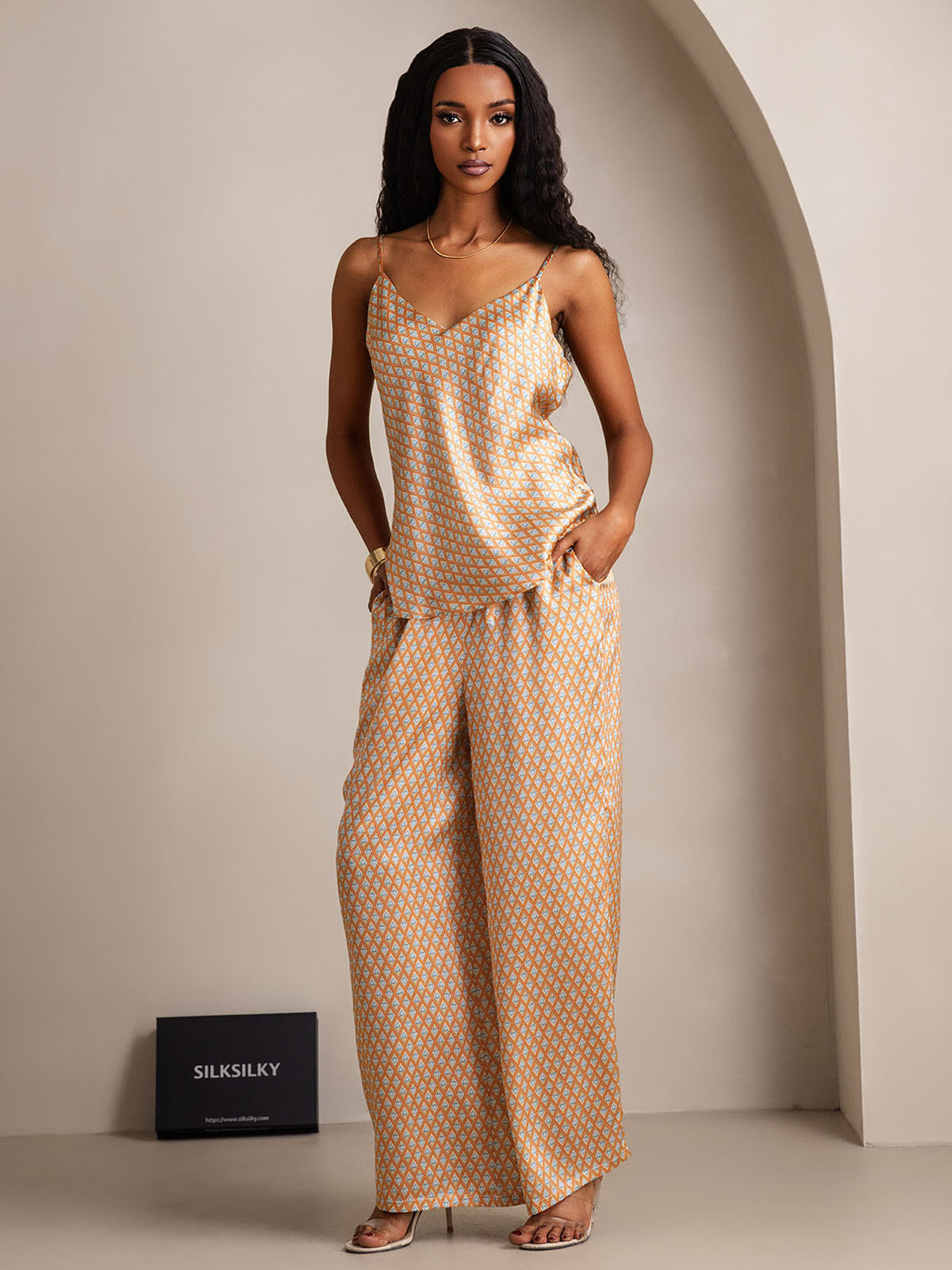 [Floral] SilkSilky-UK Pure Silk V Neck Camisole Set 006