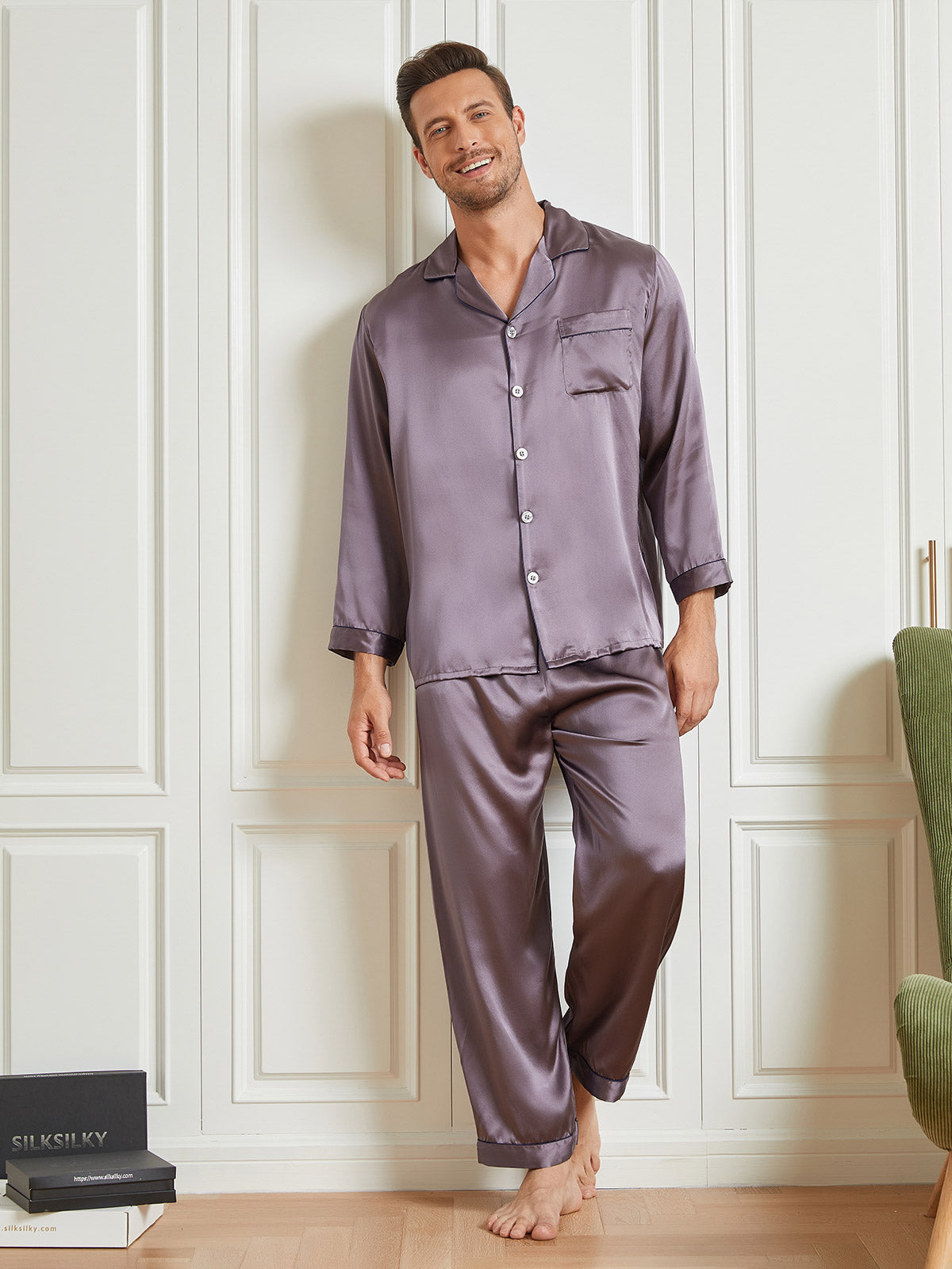 [Gray] SilkSilky-UK 19Momme Pure Silk Long Sleeve Lapel Men's Pyjamas 001
