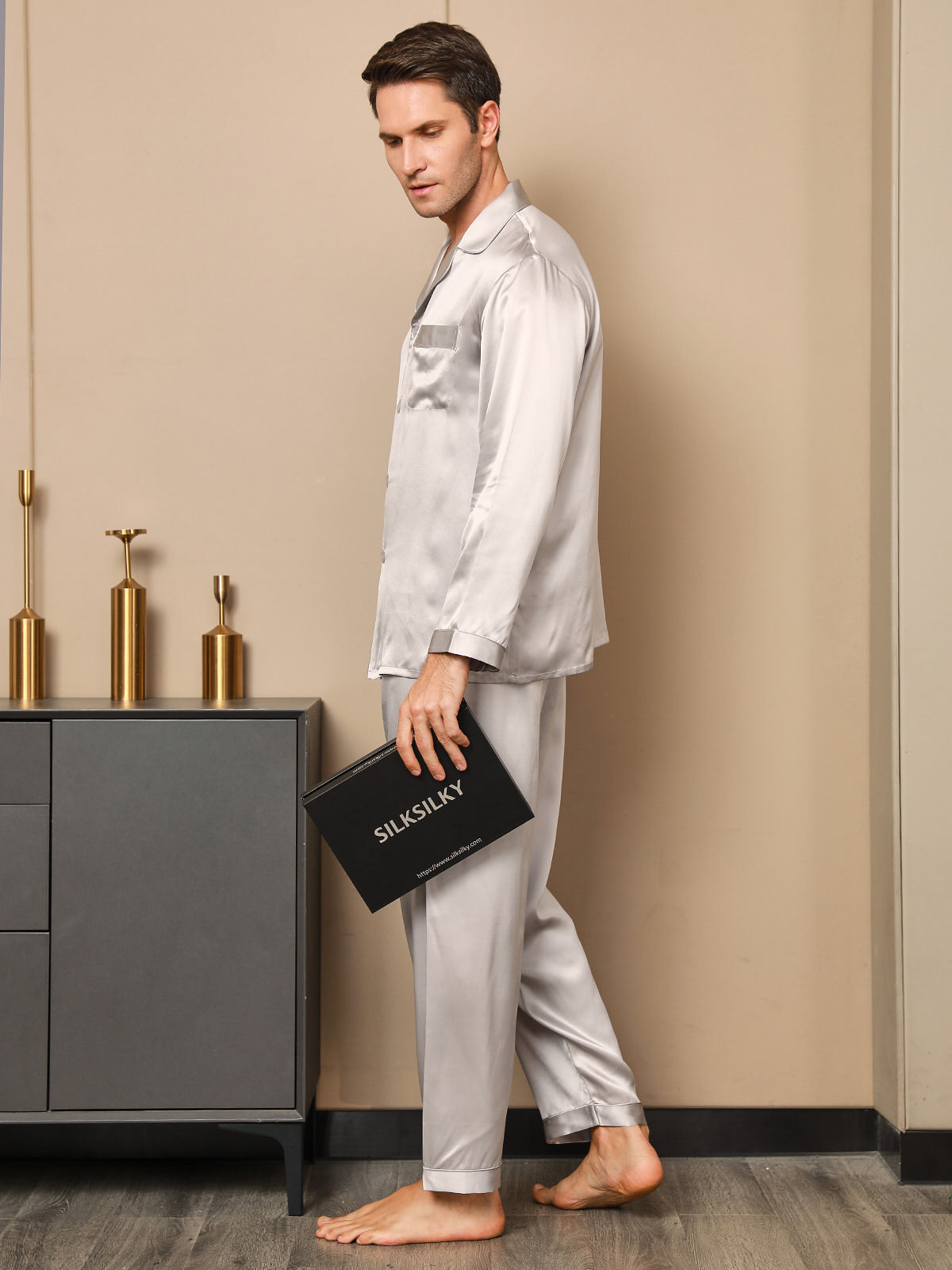 [Gray] SilkSilky-UK 19Momme Pure Silk Long Sleeve Lapel Men's Pyjamas 003