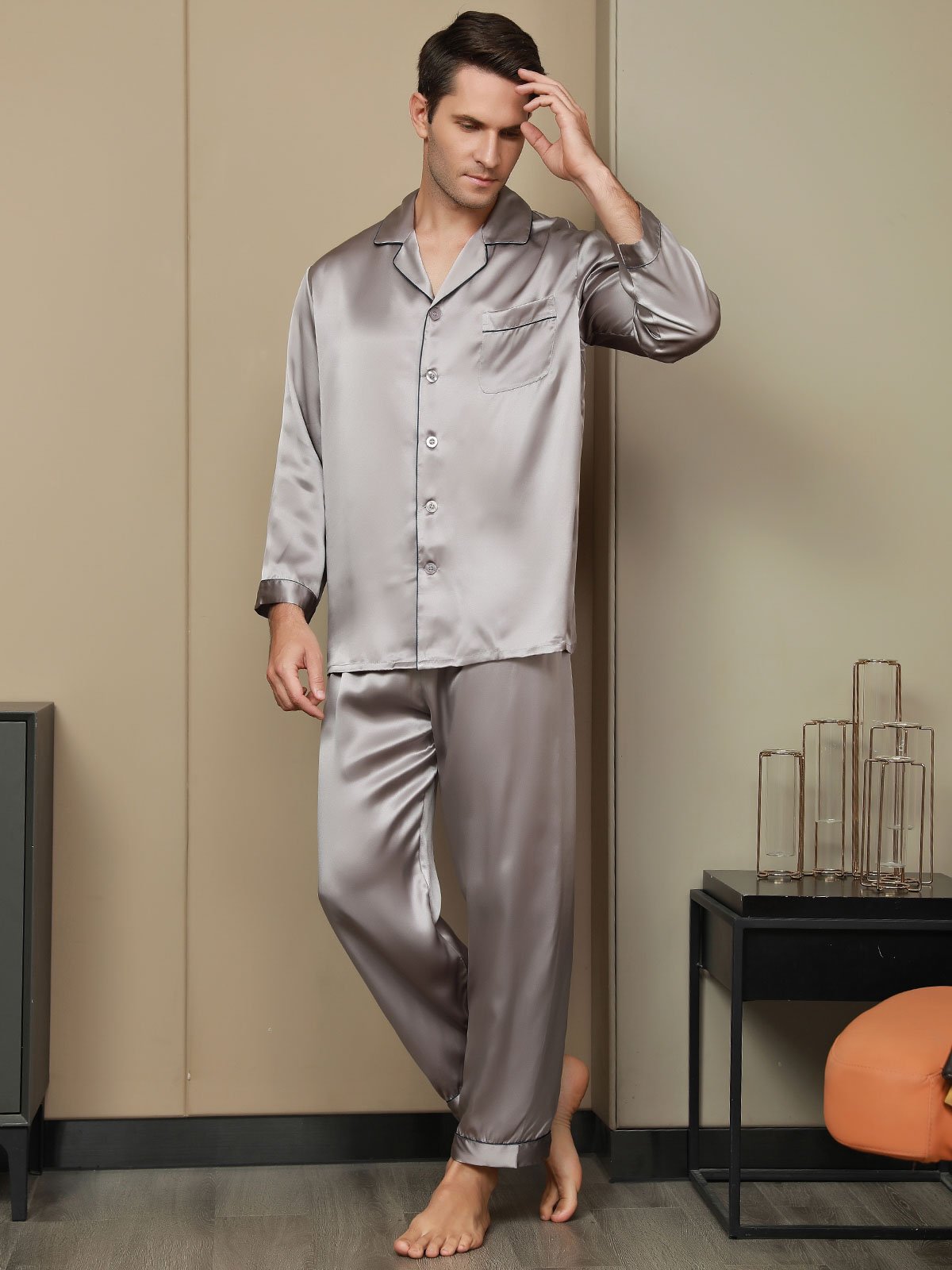 [Gray] SilkSilky-UK Pure Silk Long Sleeve Lapel Men's Pyjamas 002