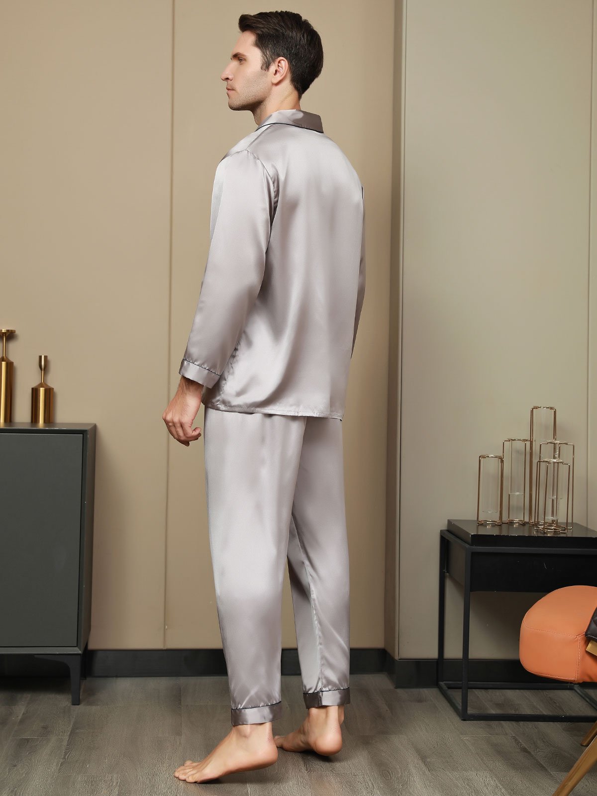 [Gray] SilkSilky-UK Pure Silk Long Sleeve Lapel Men's Pyjamas 003
