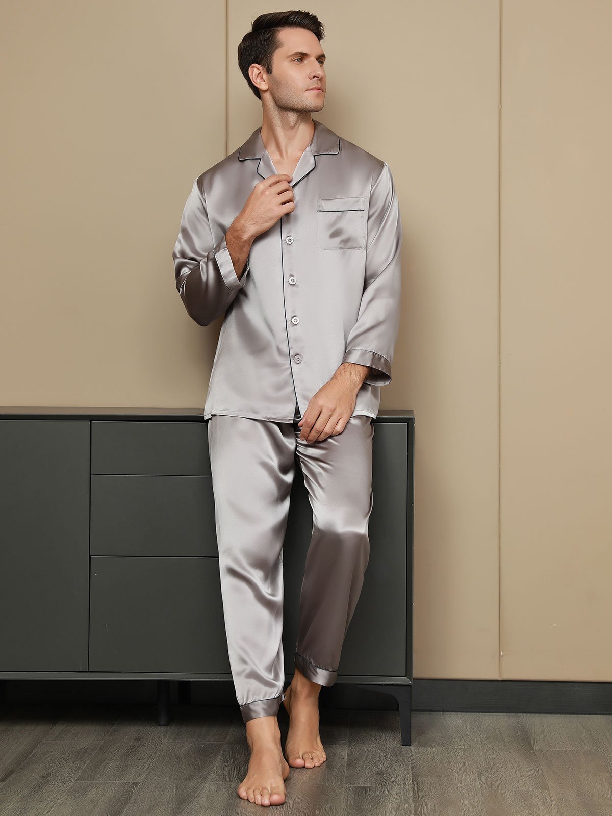 [Gray] SilkSilky-UK Pure Silk Long Sleeve Lapel Men's Pyjamas 004