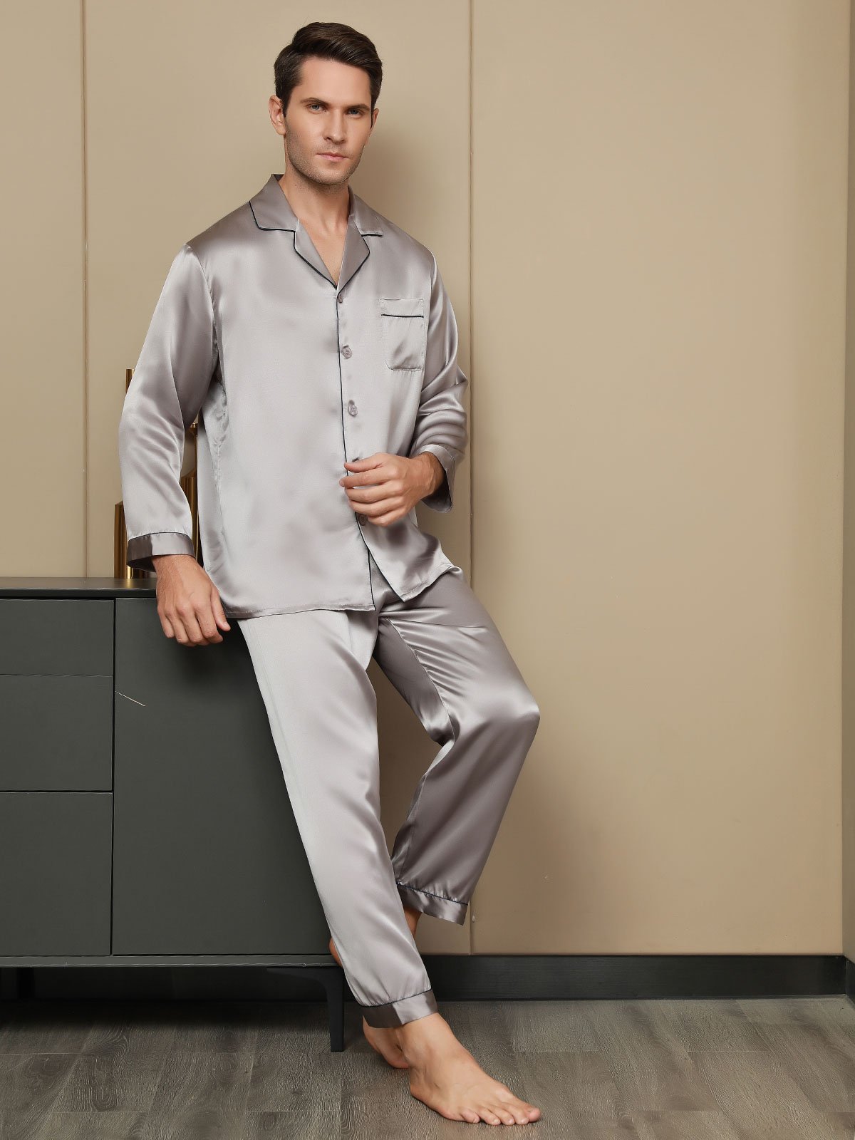 [Gray] SilkSilky-UK Pure Silk Long Sleeve Lapel Men's Pyjamas 006