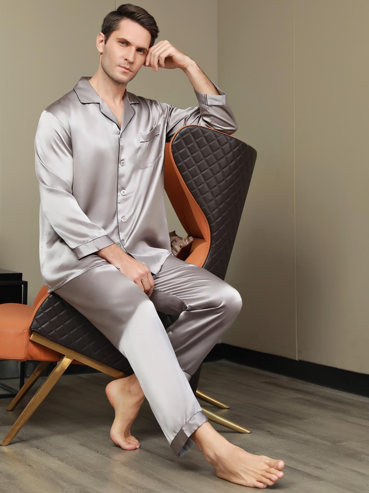 [Gray] SilkSilky-UK Pure Silk Long Sleeve Lapel Men's Pyjamas 007