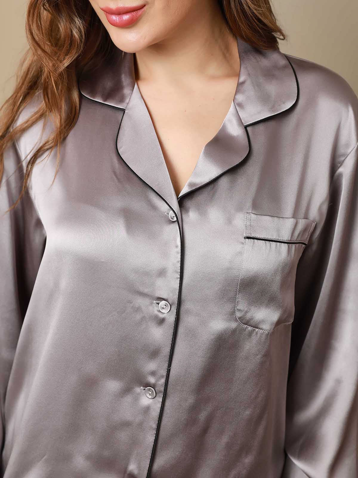 [Gray] SilkSilky-UK Pure Silk Long Sleeve Lapel Women's Pyjamas 007