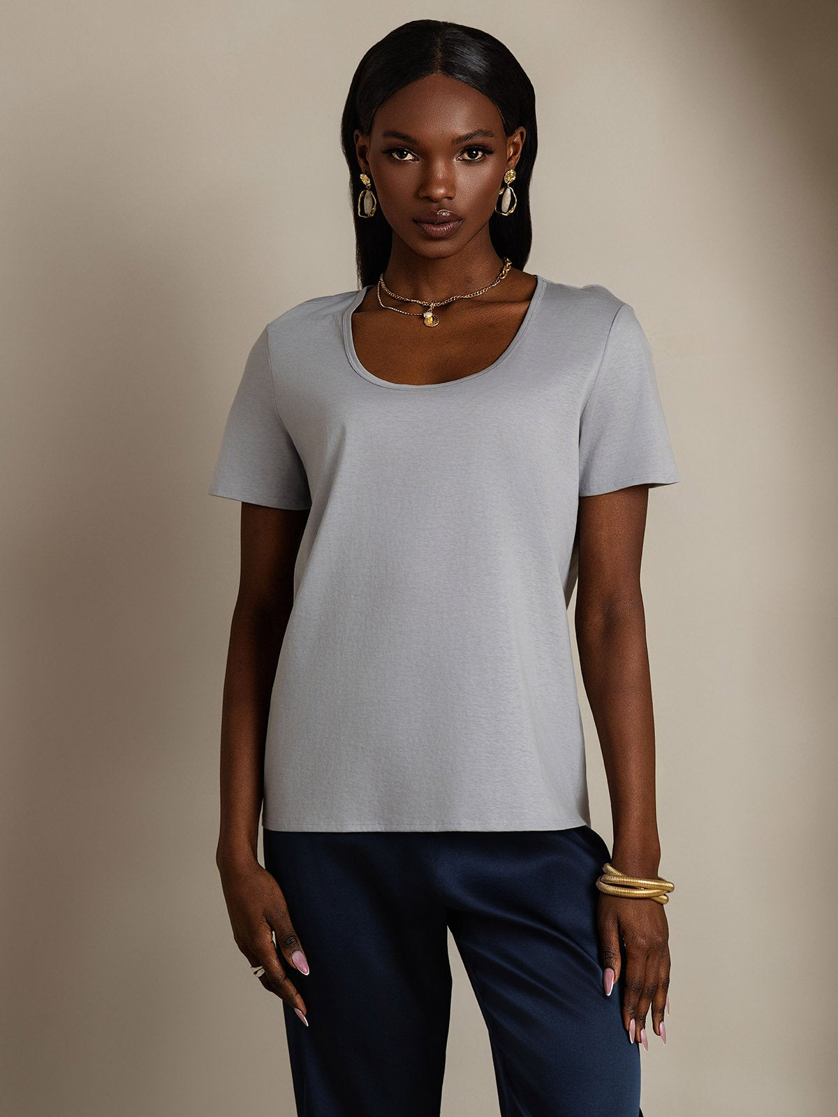 [Gray] SilkSilky-UK Silk Short Sleeve U Neck Women's T-Shirt 001