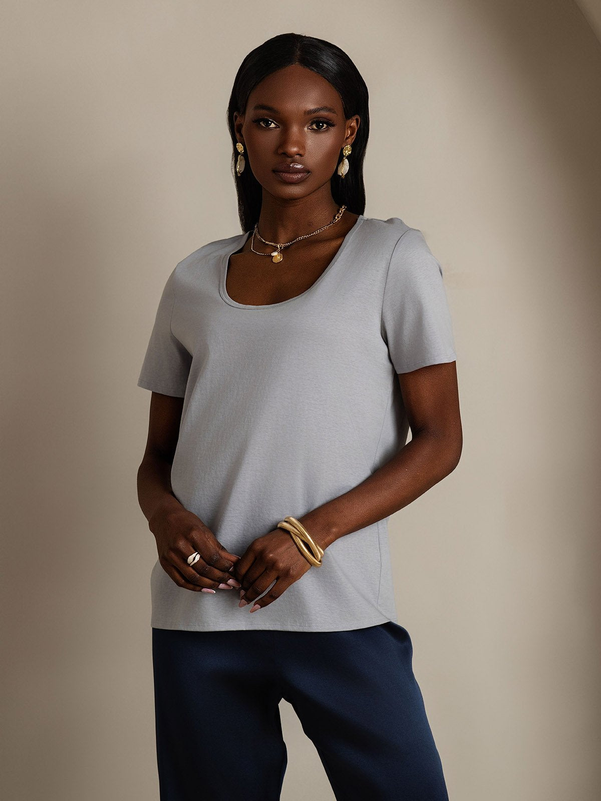 [Gray] SilkSilky-UK Silk Short Sleeve U Neck Women's T-Shirt 003