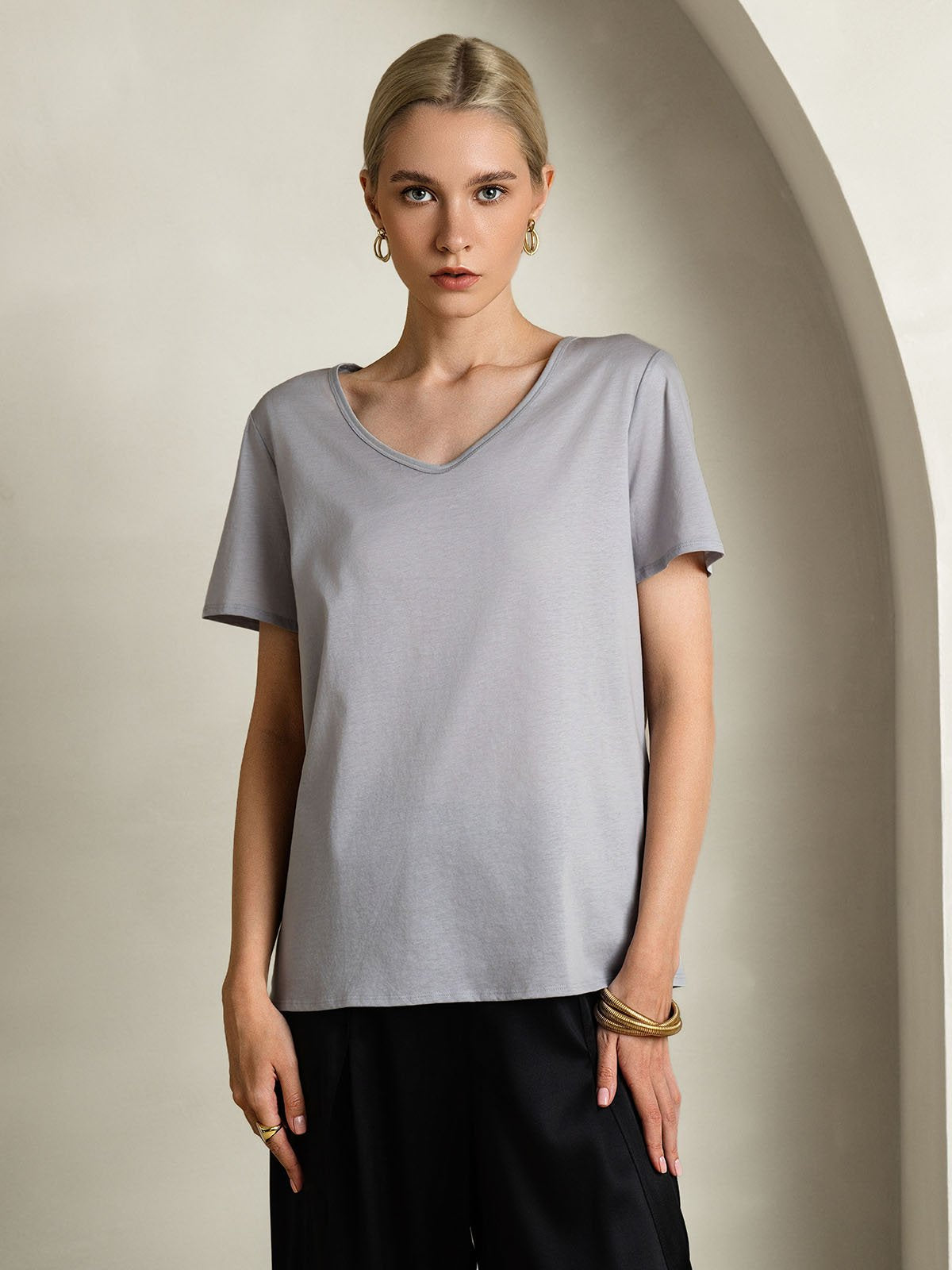 [Gray] SilkSilky-UK Silk Short Sleeve V Neck Women's T-Shirt 001