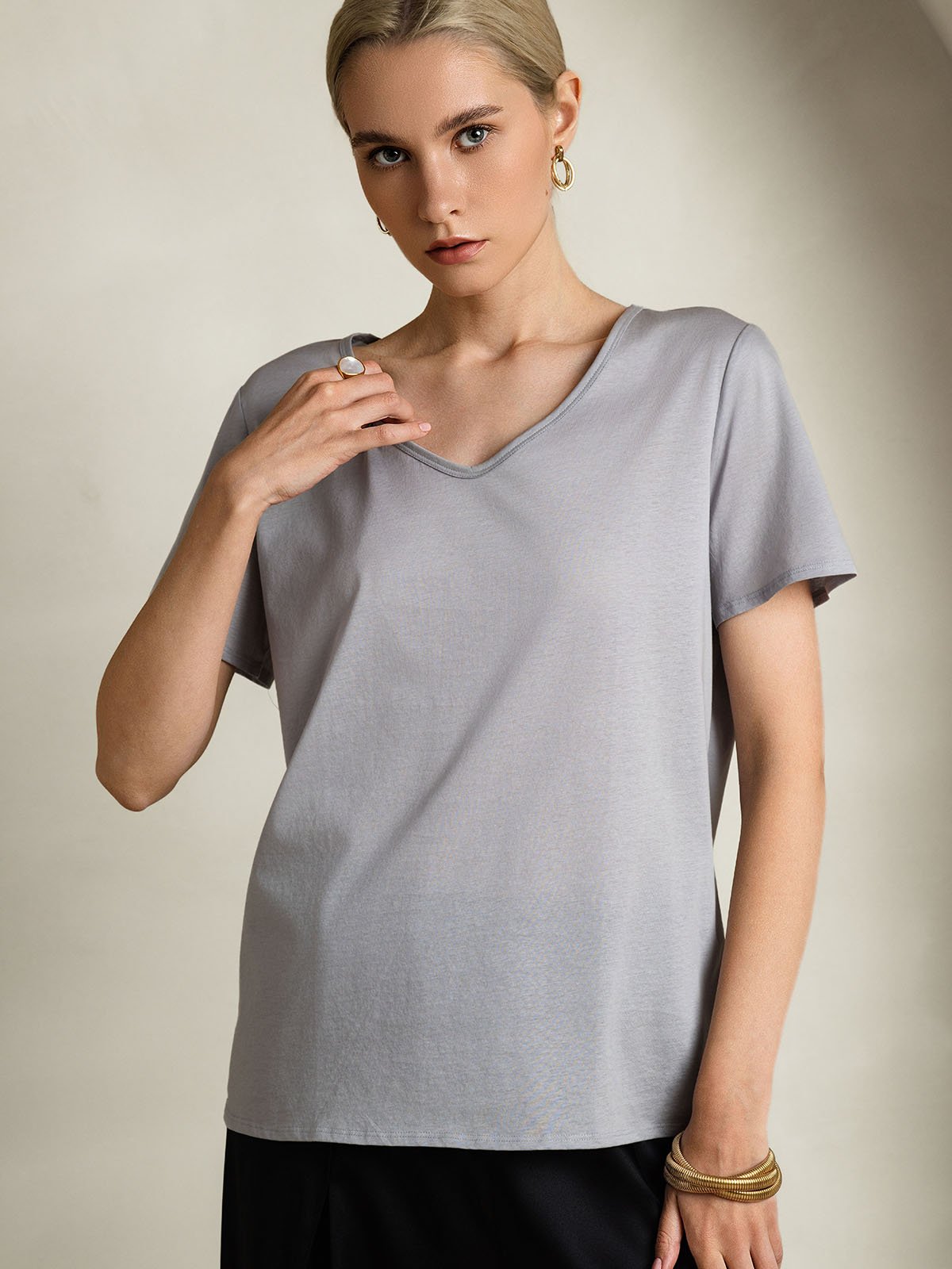 [Gray] SilkSilky-UK Silk Short Sleeve V Neck Women's T-Shirt 003