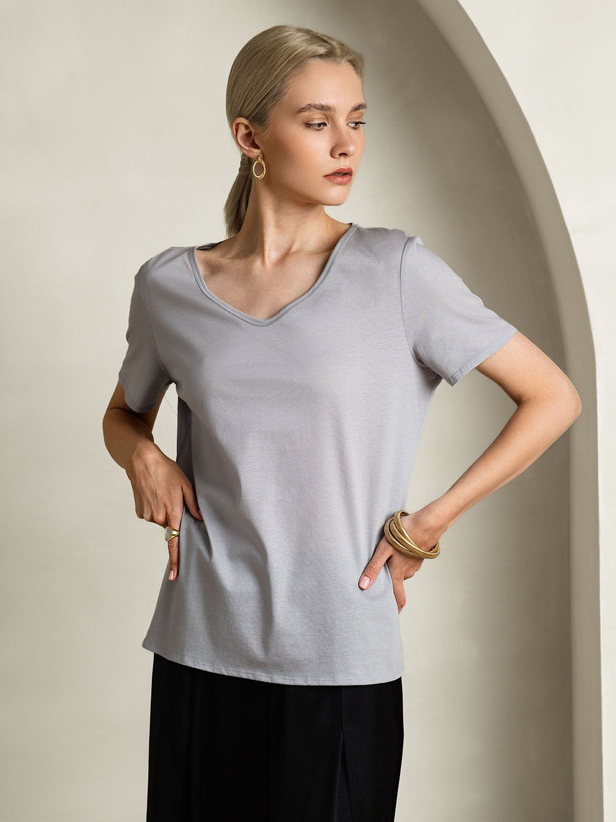 [Gray] SilkSilky-UK Silk Short Sleeve V Neck Women's T-Shirt 004