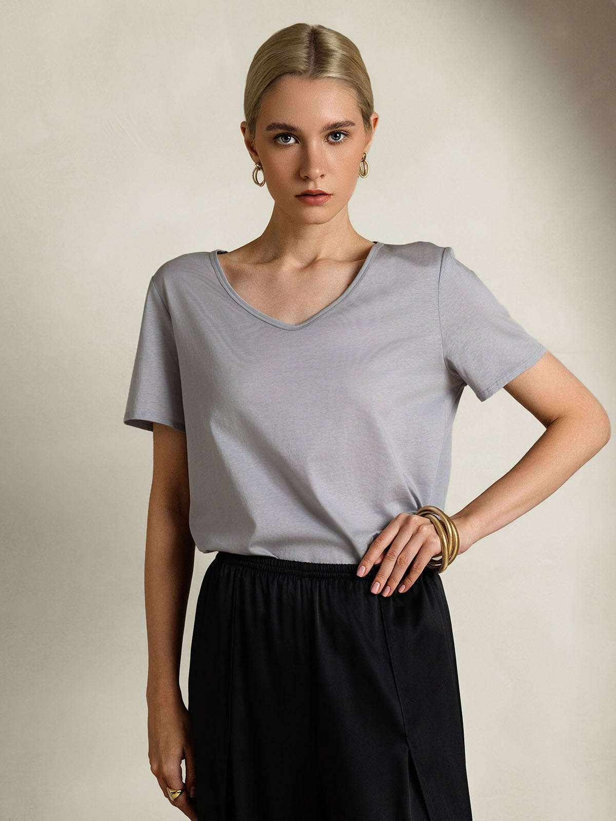 [Gray] SilkSilky-UK Silk Short Sleeve V Neck Women's T-Shirt 005