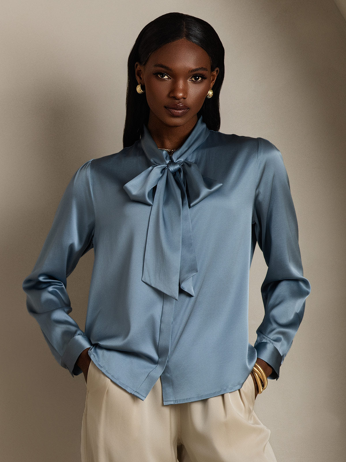 [Grayish Blue] SilkSilky-UK 19Momme Silk Long Sleeve Tie Neck Women's Shirt 001