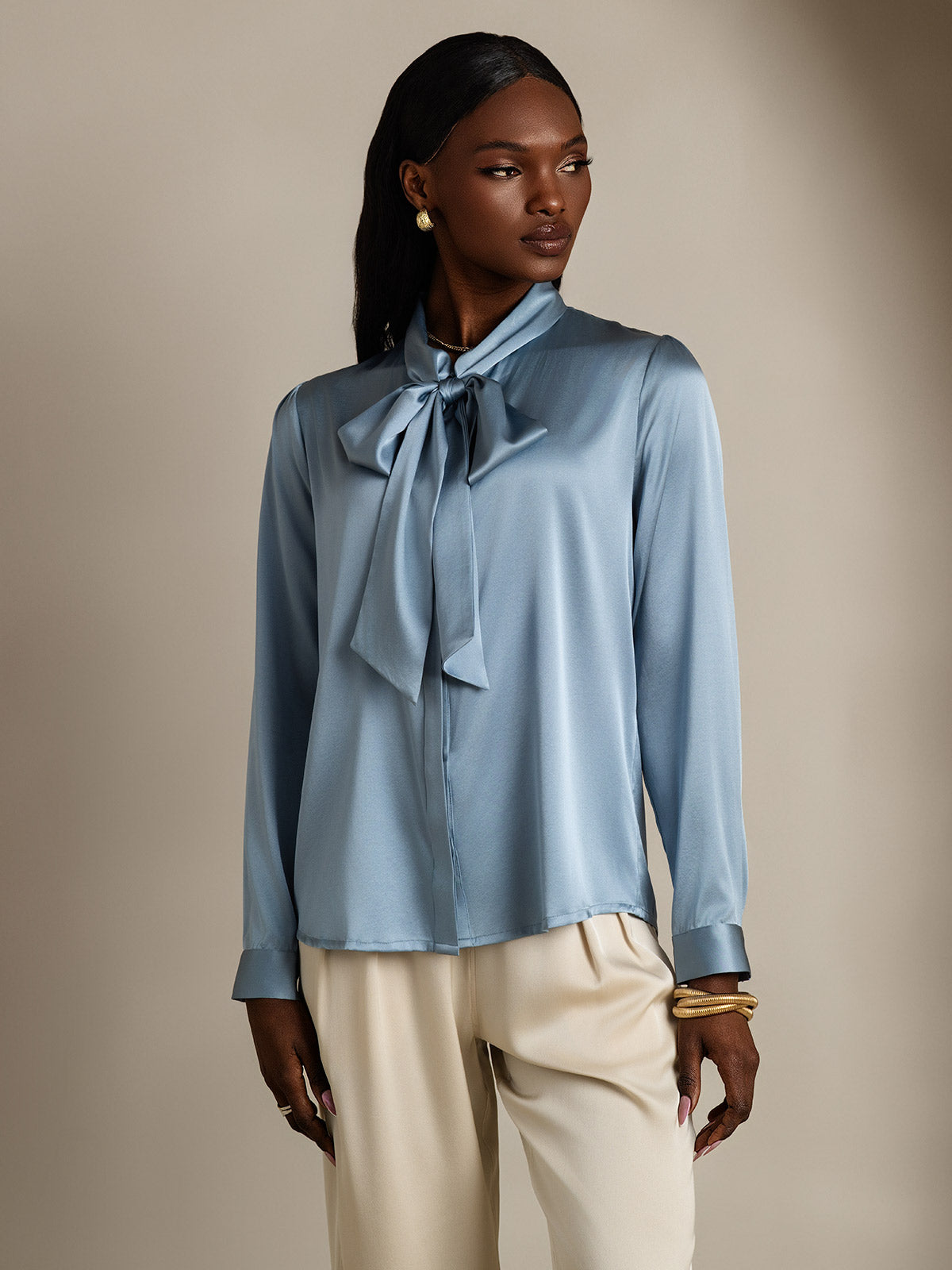 [Grayish Blue] SilkSilky-UK 19Momme Silk Long Sleeve Tie Neck Women's Shirt 006