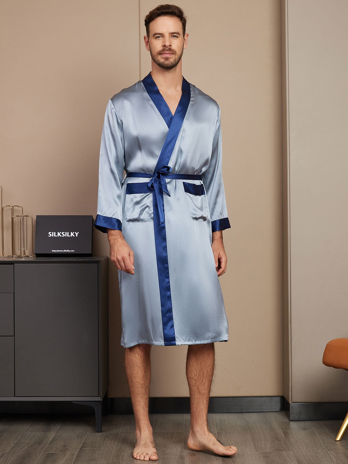 [Grayish Blue] SilkSilky-UK Pure Silk Long Sleeve Mens Robe 001