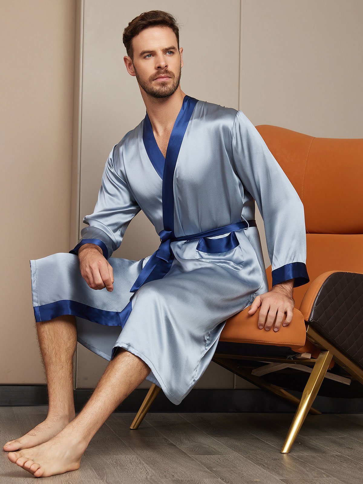 [Grayish Blue] SilkSilky-UK Pure Silk Long Sleeve Mens Robe 004