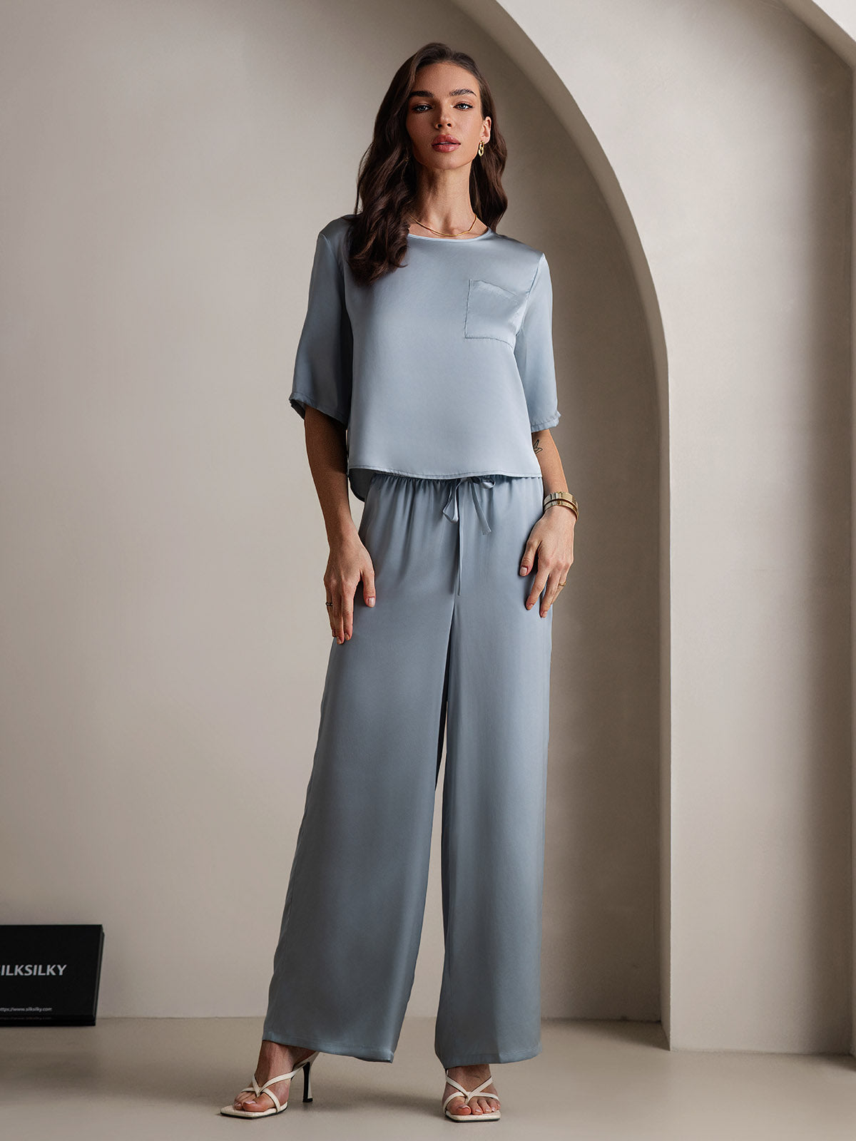 [Grayish Blue] SilkSilky-UK Pure Silk Round Neck Women's Pyjamas 003