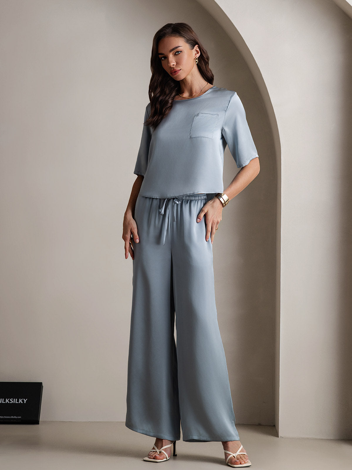 [Grayish Blue] SilkSilky-UK Pure Silk Round Neck Women's Pyjamas 005