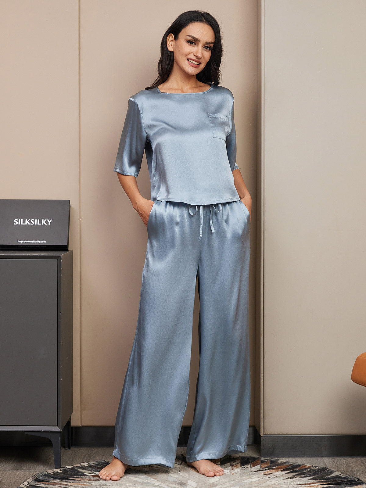 [Grayish Blue] SilkSilky-UK Pure Silk Round Neck Women's Pyjamas 006