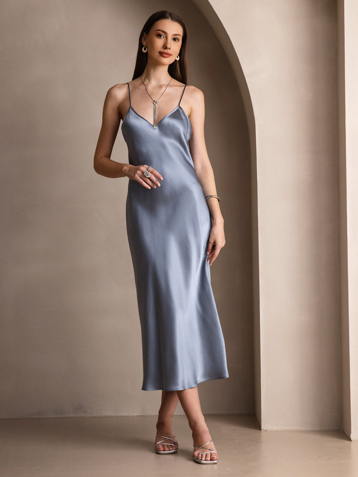 [Grayish Blue] SilkSilky-UK Pure Silk Sleeveless Round Neck Dress 004