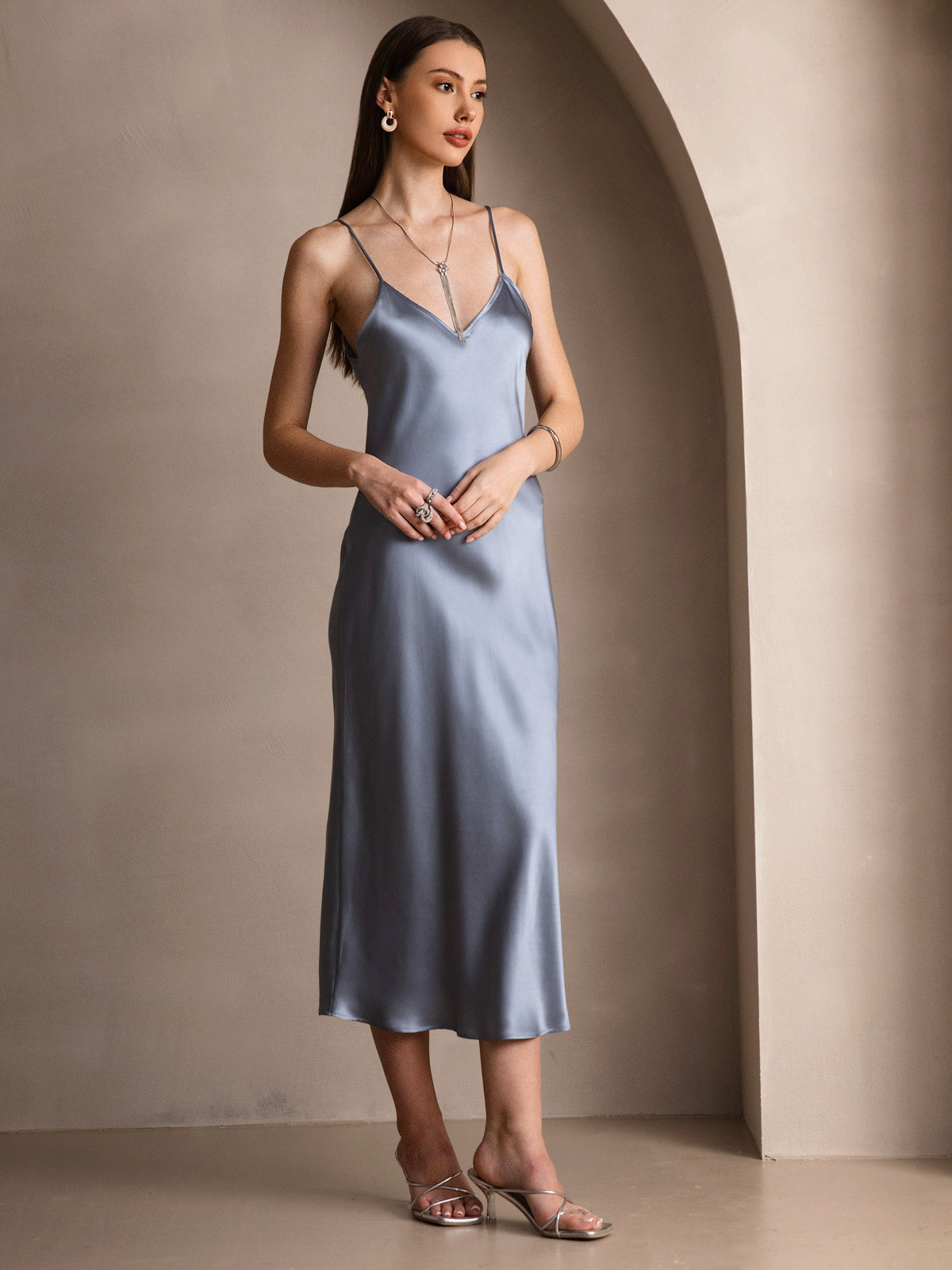 [Grayish Blue] SilkSilky-UK Pure Silk Sleeveless Round Neck Dress 004