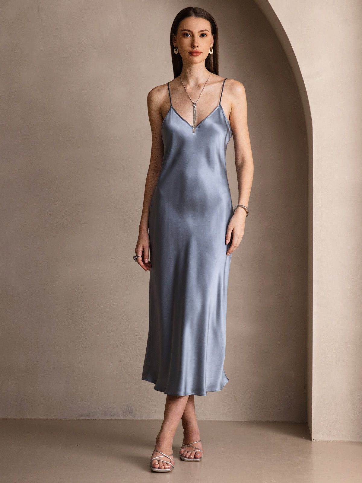 [Grayish Blue] SilkSilky-UK Pure Silk Sleeveless Round Neck Dress 005
