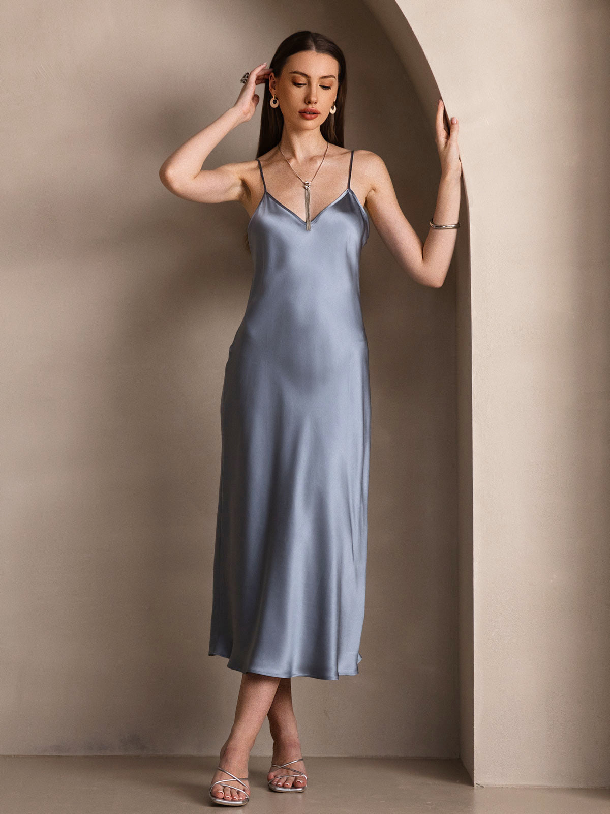 [Grayish Blue] SilkSilky-UK Pure Silk Sleeveless Round Neck Dress 006