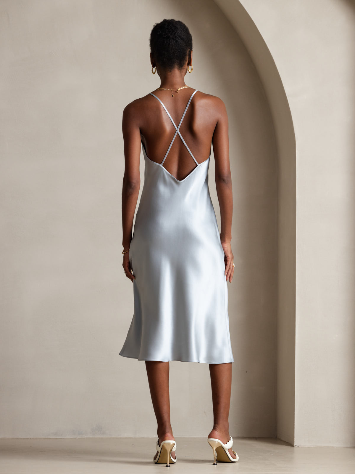 [Grayish Blue] SilkSilky-UK Pure Silk Sleeveless V Neck Dress 002