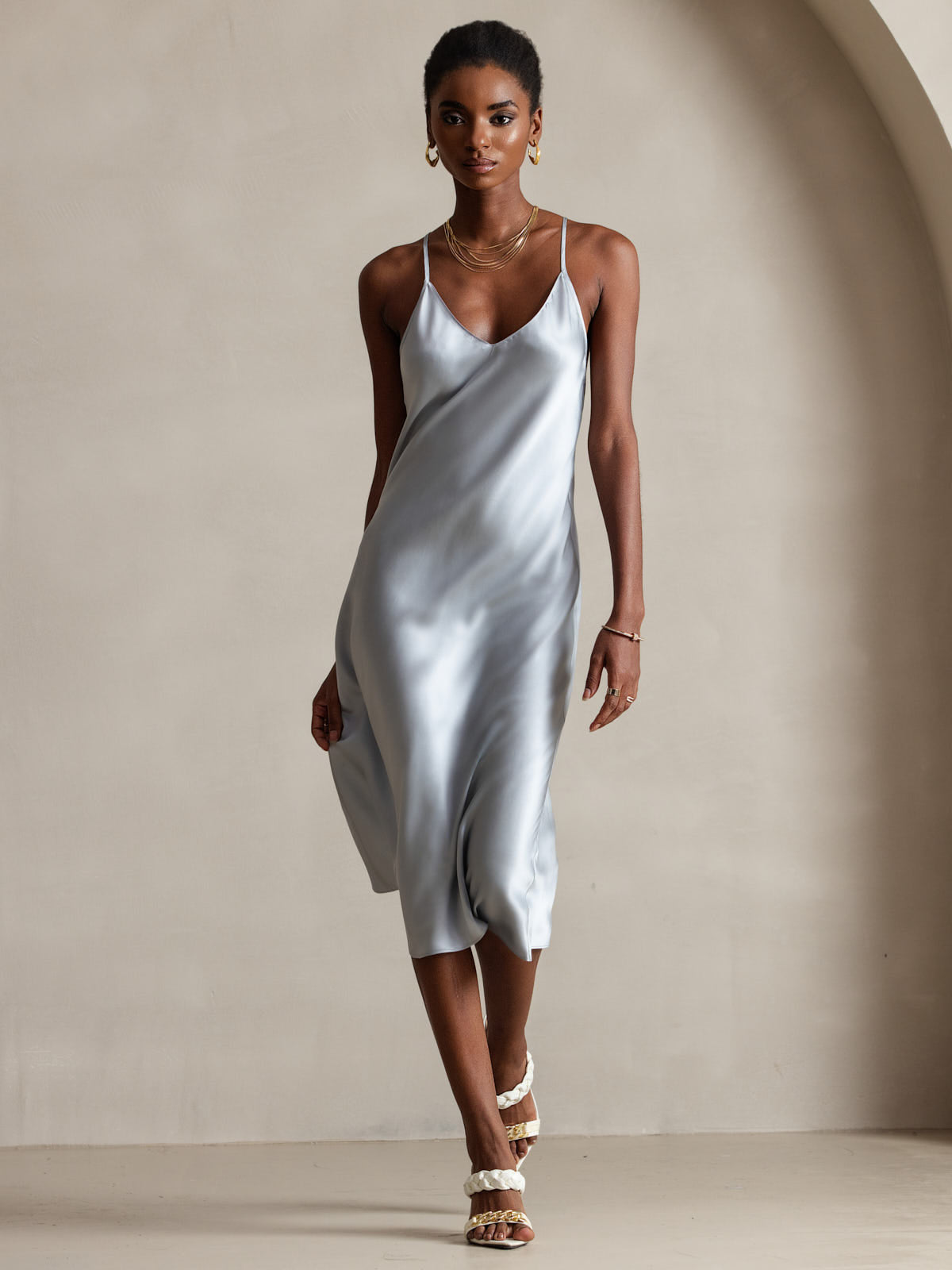 [Grayish Blue] SilkSilky-UK Pure Silk Sleeveless V Neck Dress 004