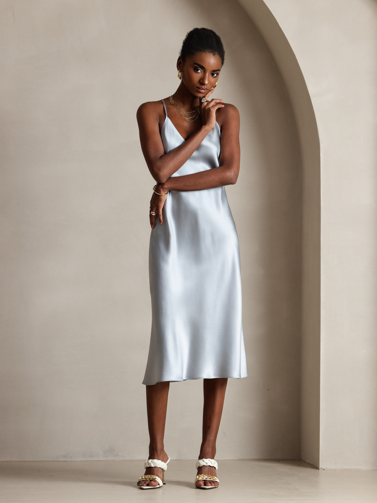 [Grayish Blue] SilkSilky-UK Pure Silk Sleeveless V Neck Dress 006