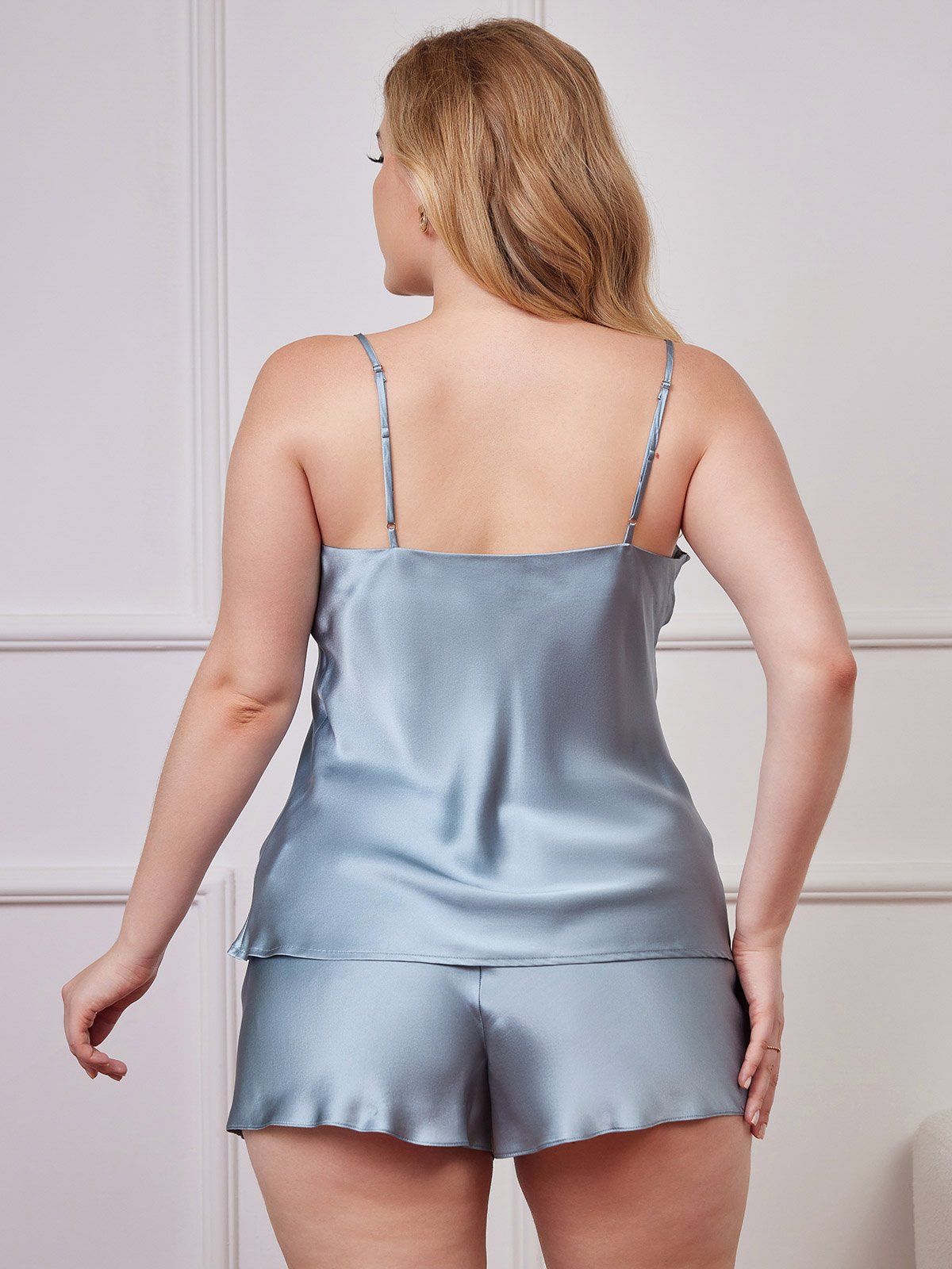[Grayish Blue] SilkSilky-UK Pure Silk V Neck Plus Size Camisole Set 002