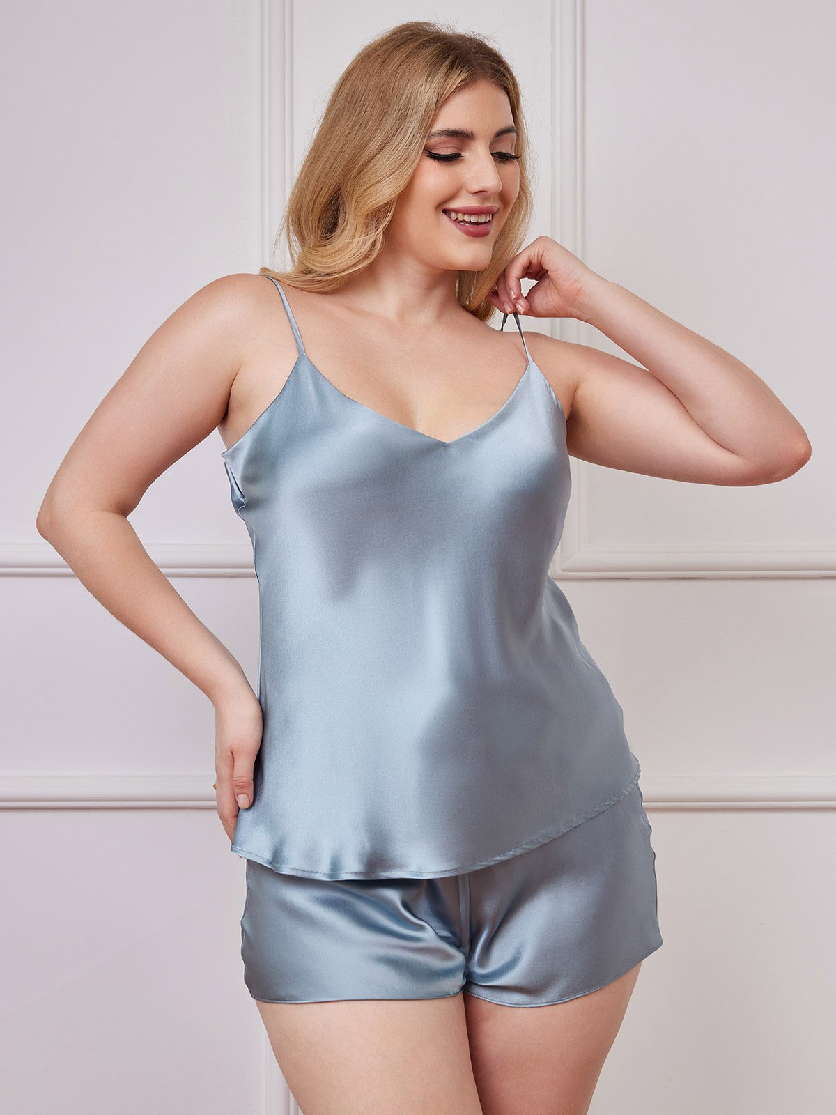 [Grayish Blue] SilkSilky-UK Pure Silk V Neck Plus Size Camisole Set 005