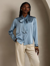 [Grayish Blue] SilkSilky-UK 19Momme Stretch Silk Charmeuse Long Sleeve Tie Neck Blouse 005