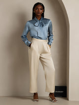 [Grayish Blue] SilkSilky-UK 19Momme Stretch Silk Charmeuse Long Sleeve Tie Neck Blouse 007