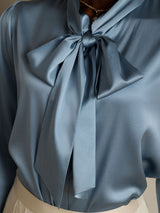 [Grayish Blue] SilkSilky-UK 19Momme Stretch Silk Charmeuse Long Sleeve Tie Neck Blouse 008