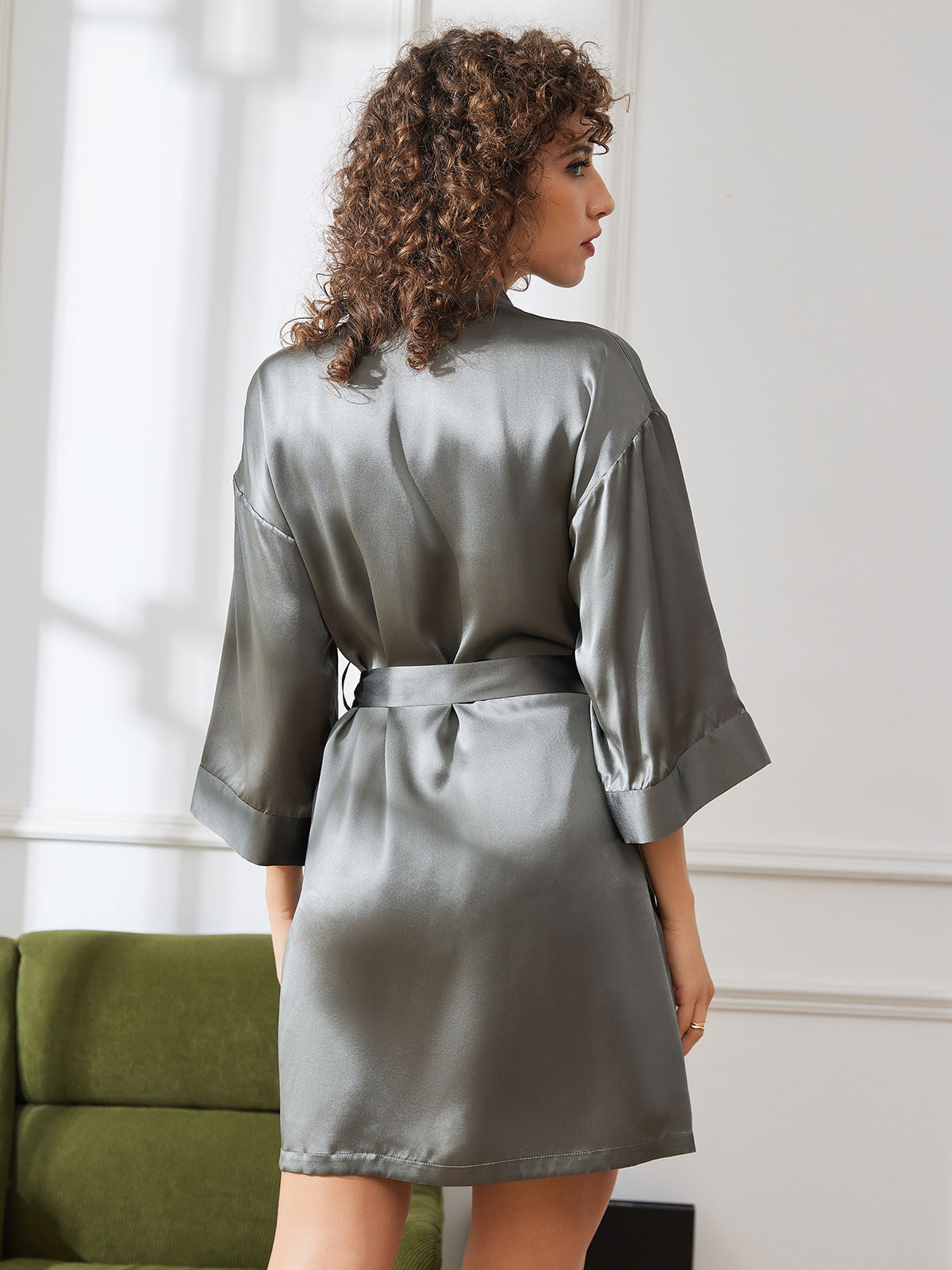 [Grayish Green] SilkSilky-UK Pure Silk Half Sleeve Womens Robe 002