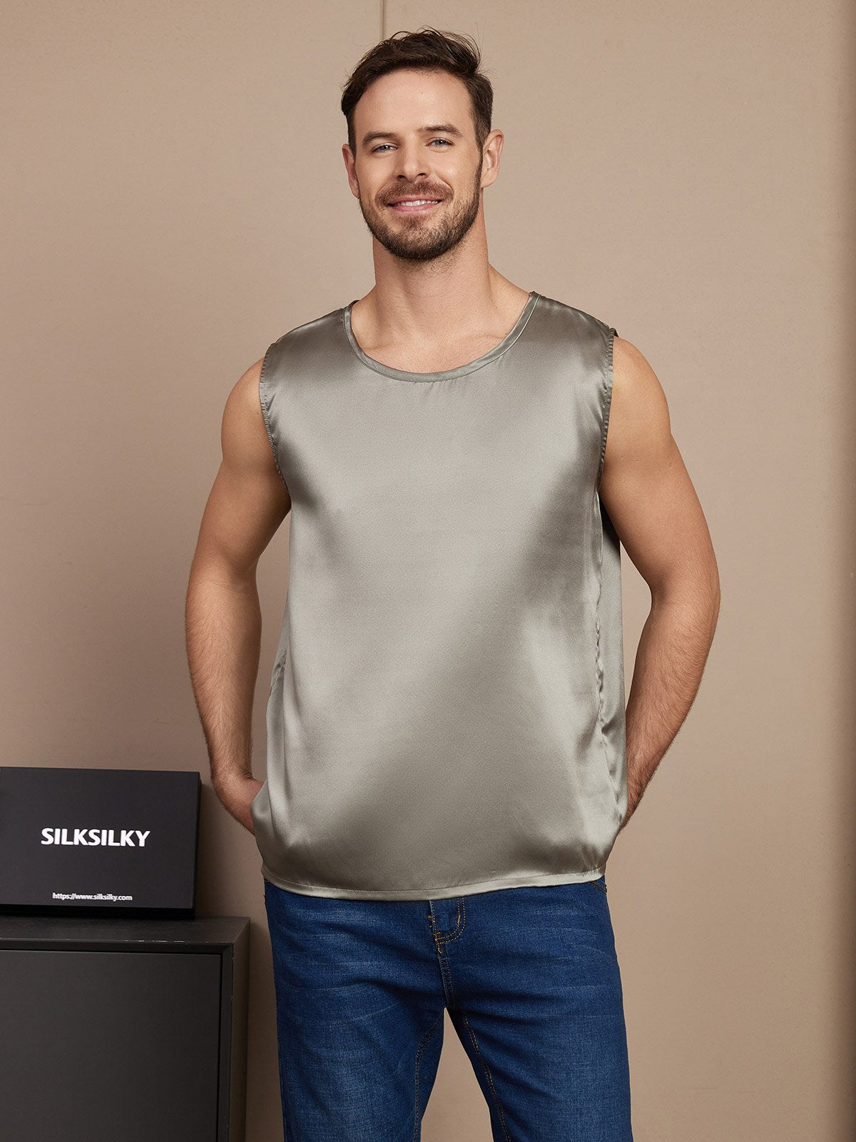 [Grayish Green] SilkSilky-UK Pure Silk Sleeveless Mens T-Shirt 001