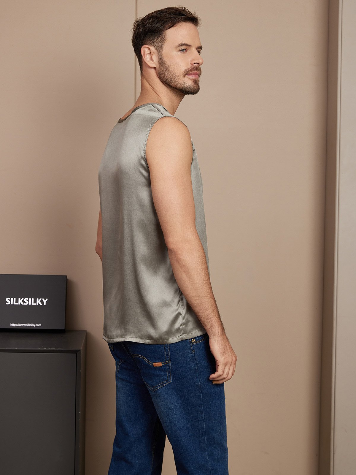 [Grayish Green] SilkSilky-UK Pure Silk Sleeveless Mens T-Shirt 002