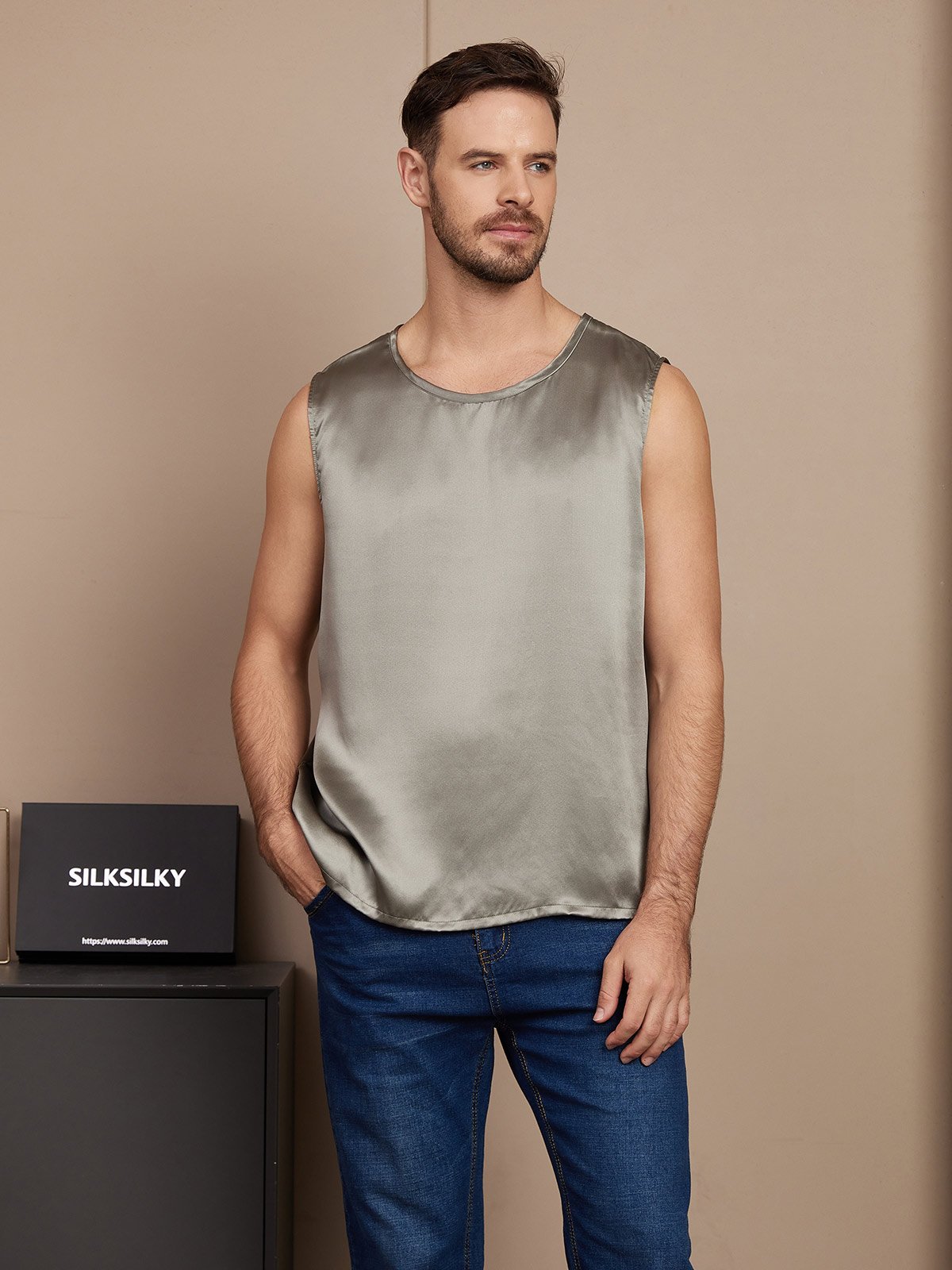 [Grayish Green] SilkSilky-UK Pure Silk Sleeveless Mens T-Shirt 003