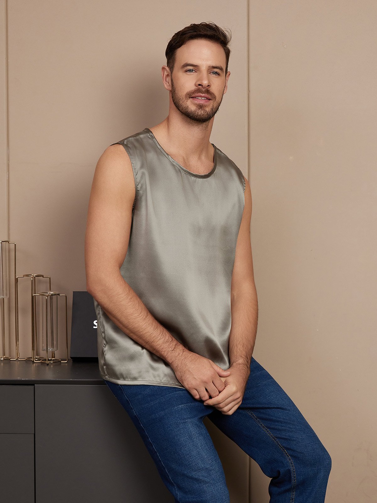 [Grayish Green] SilkSilky-UK Pure Silk Sleeveless Mens T-Shirt 004