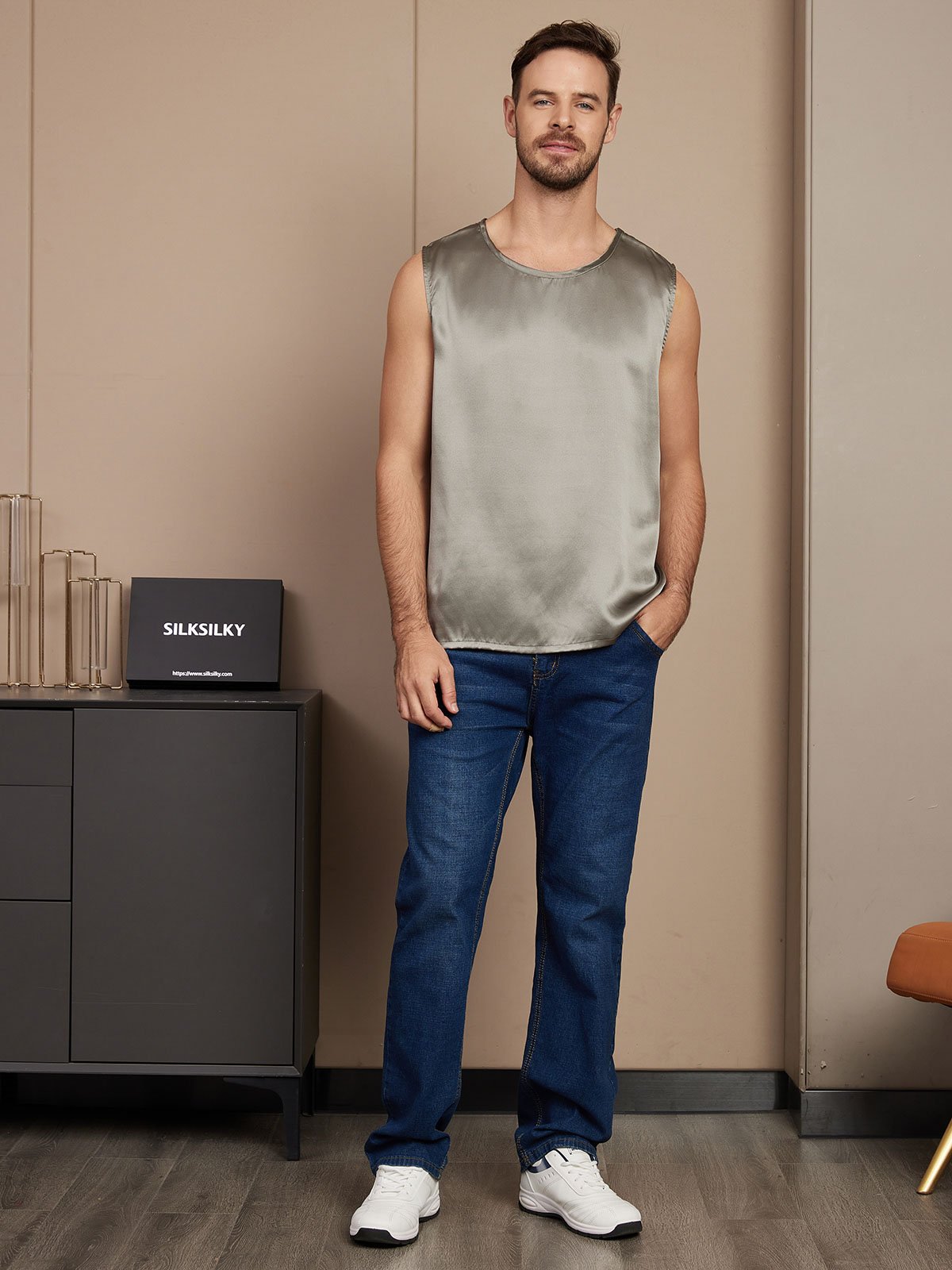 [Grayish Green] SilkSilky-UK Pure Silk Sleeveless Mens T-Shirt 005