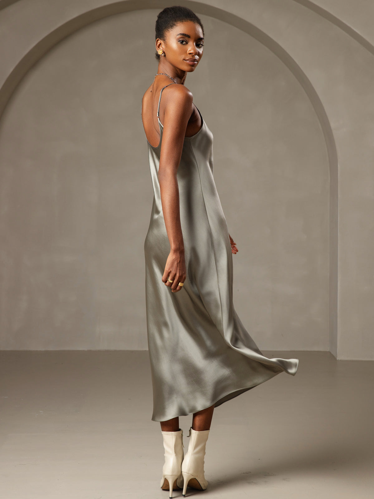 [Grayish Green] SilkSilky-UK Pure Silk Sleeveless Round Neck Dress 002