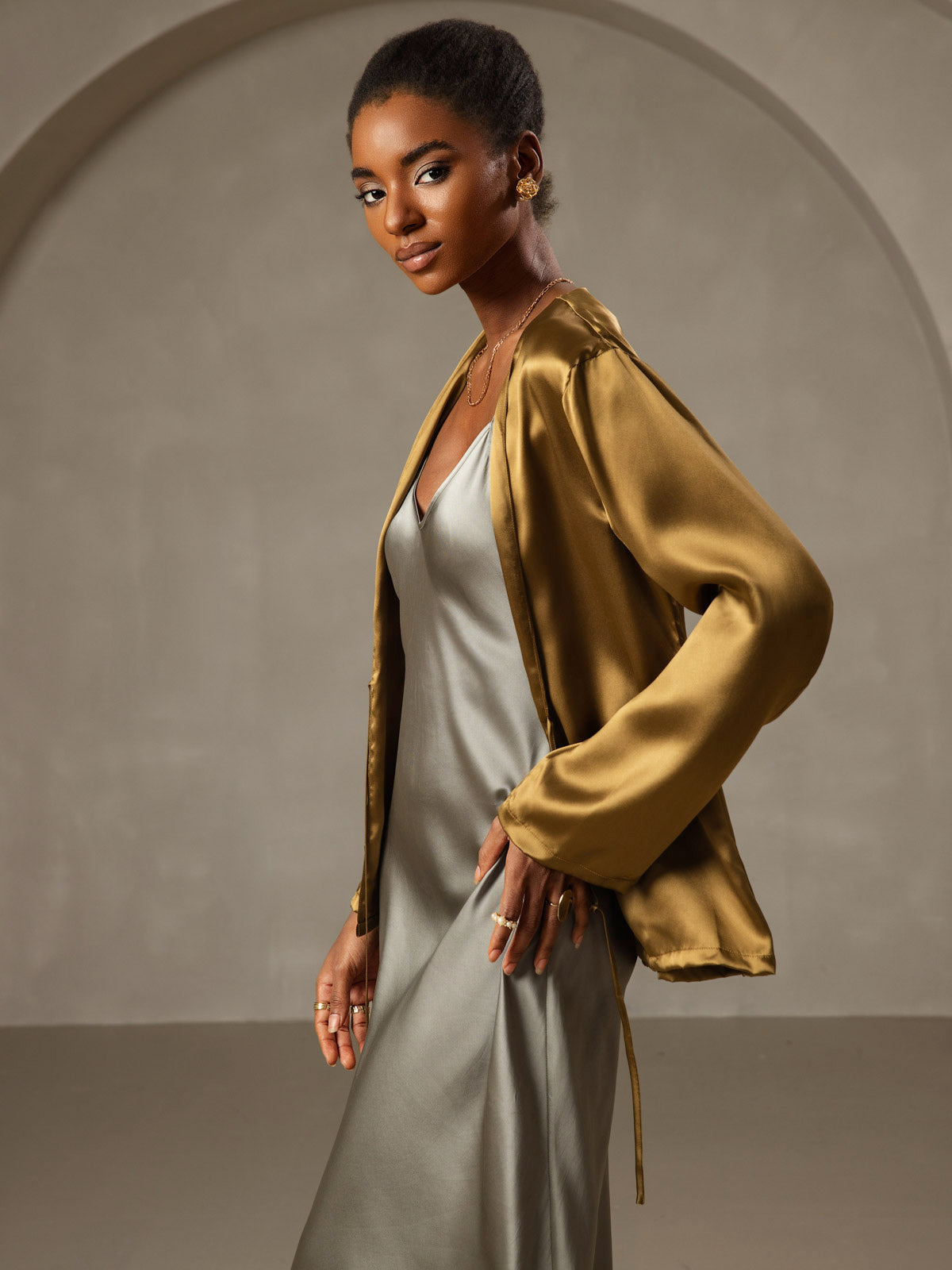 [Grayish Green] SilkSilky-UK Pure Silk Sleeveless Round Neck Dress 006