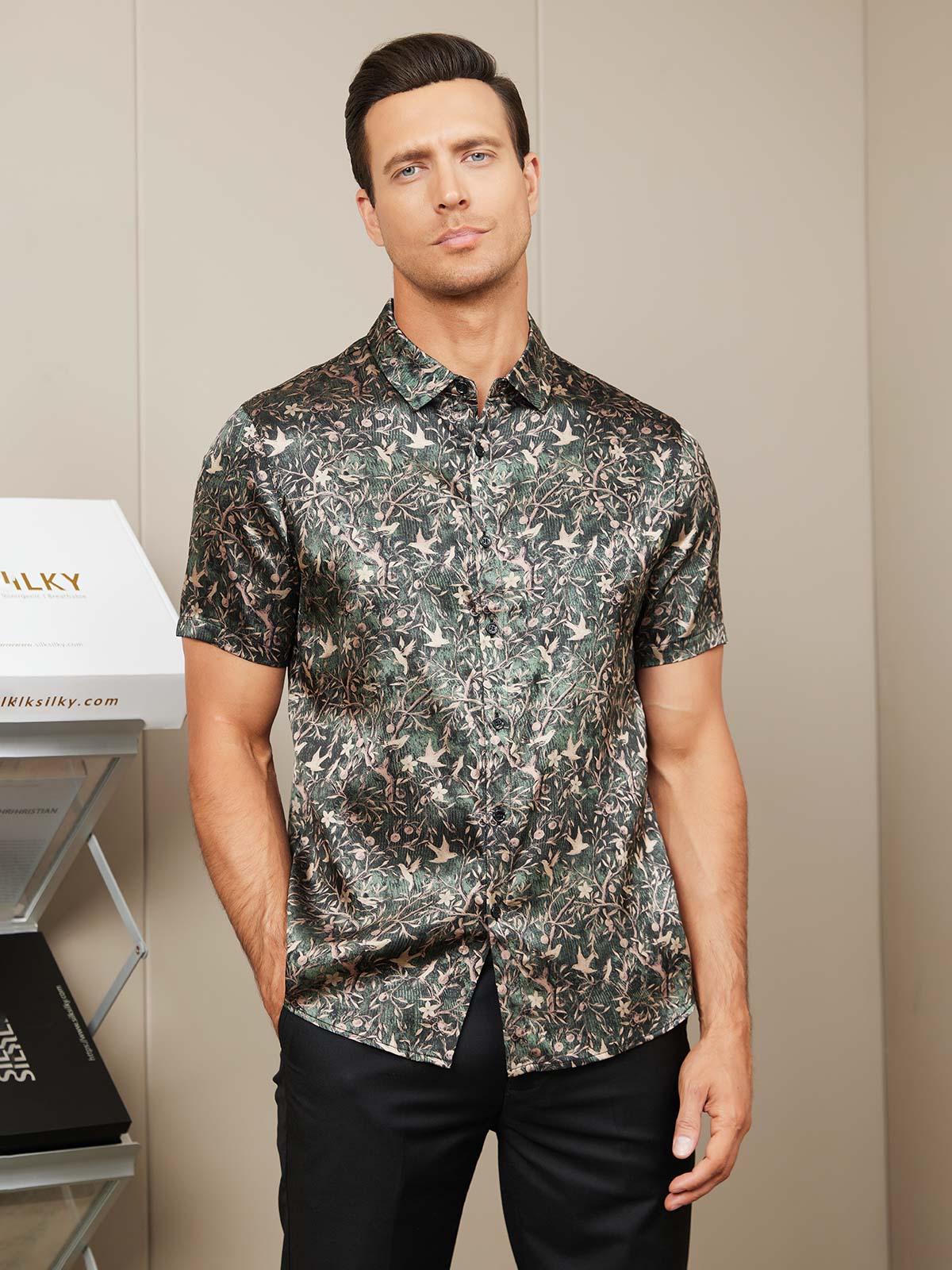 [Grayish Green] SilkSilky-UK Silk Short Sleeve Collar Men's Shirt 002