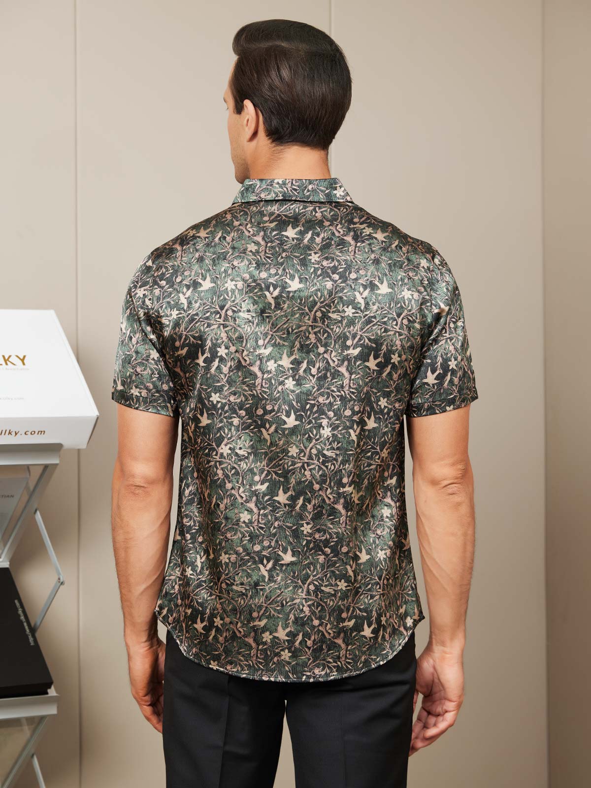 [Grayish Green] SilkSilky-UK Silk Short Sleeve Collar Men's Shirt 003