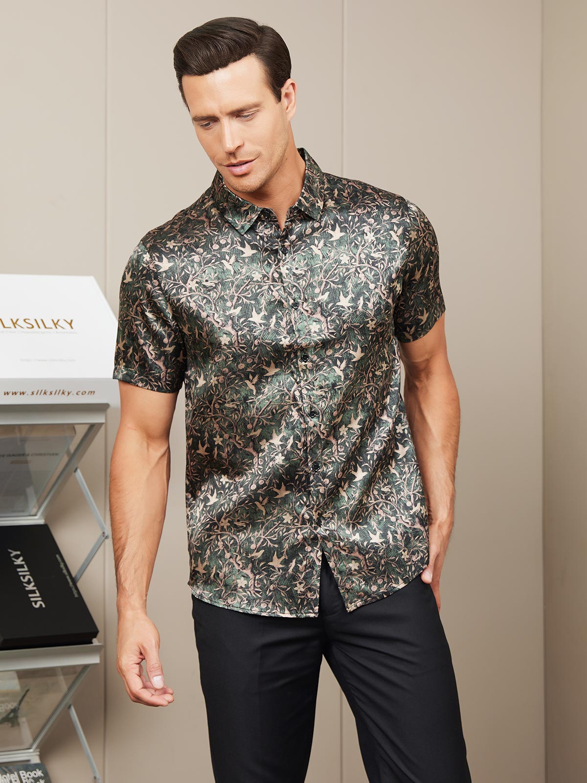 [Grayish Green] SilkSilky-UK Silk Short Sleeve Collar Men's Shirt 004