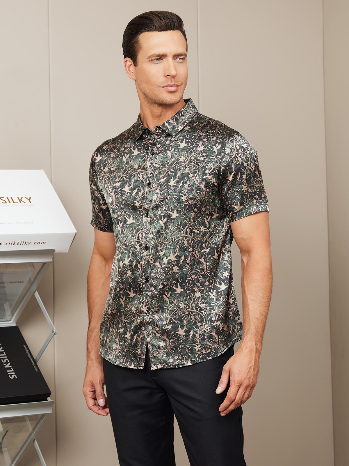 [Grayish Green] SilkSilky-UK Silk Short Sleeve Collar Men's Shirt 005