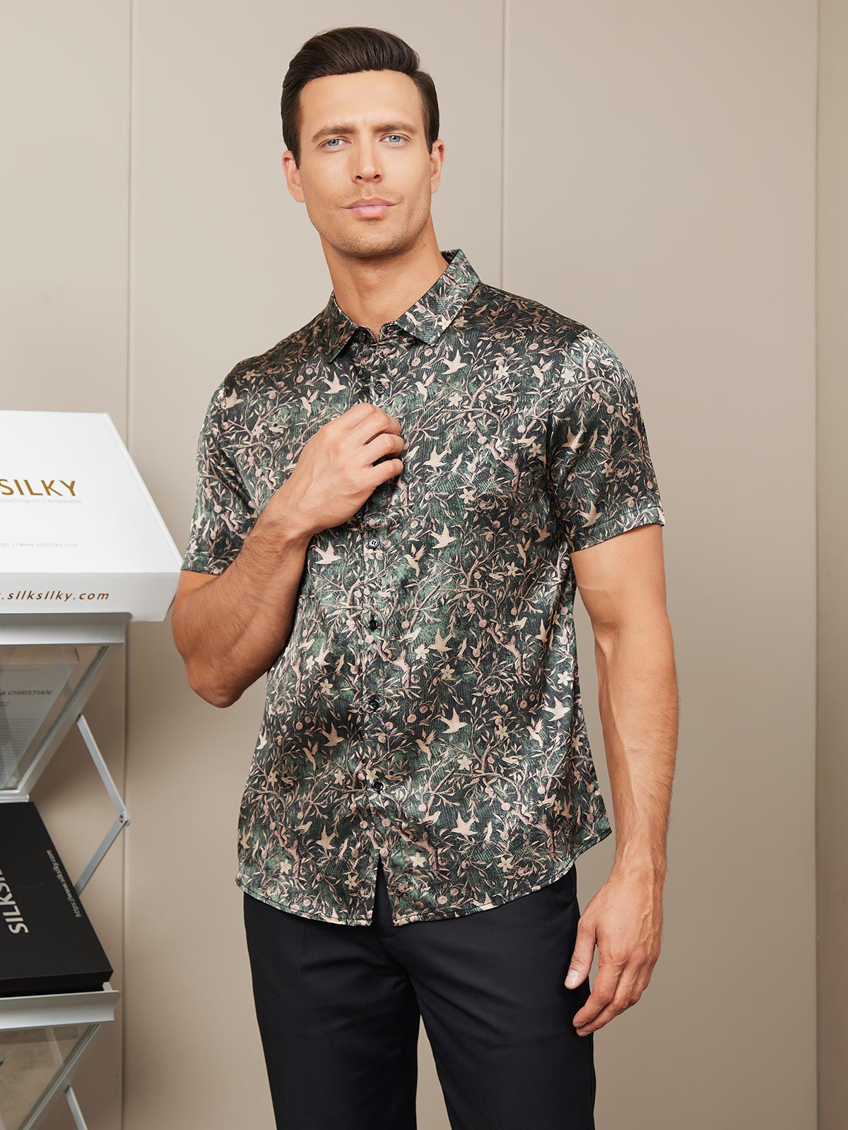 [Grayish Green] SilkSilky-UK Silk Short Sleeve Collar Men's Shirt 006