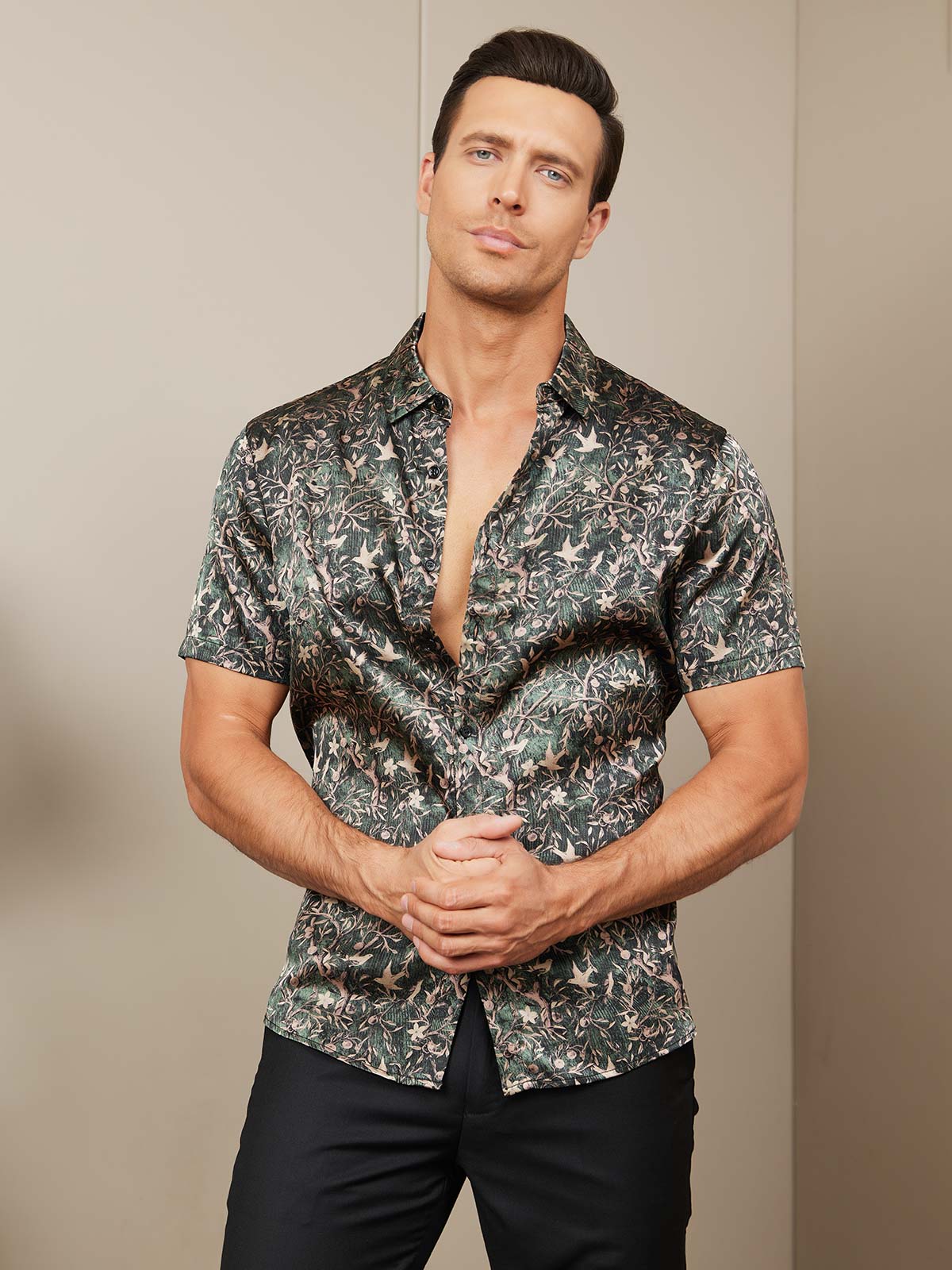 [Grayish Green] SilkSilky-UK Silk Short Sleeve Collar Men's Shirt 007