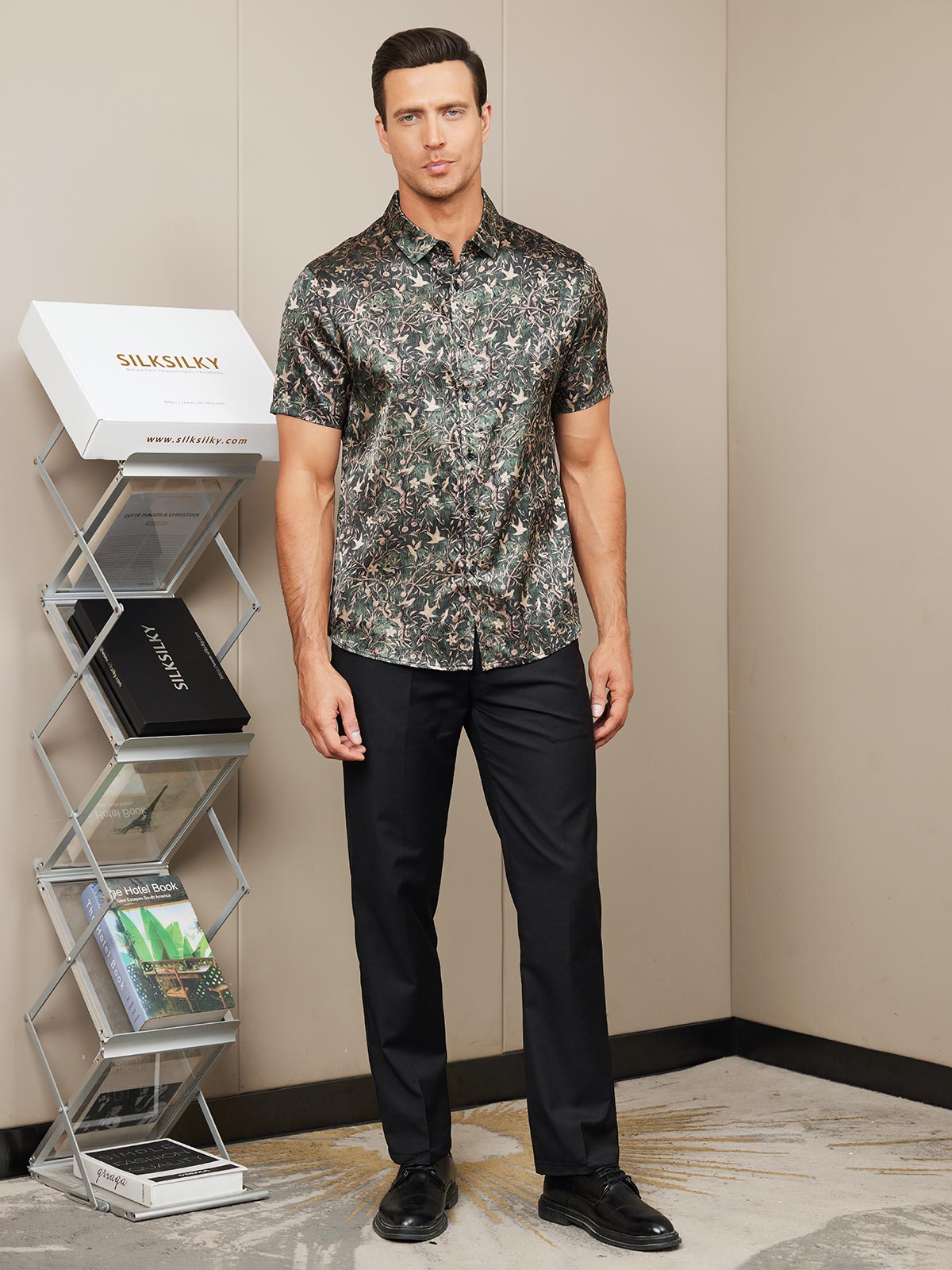 [Grayish Green] SilkSilky-UK Silk Short Sleeve Collar Men's Shirt 008